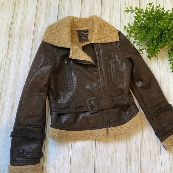Jou Jou Jackets & Blazers - Brown shearling lined moto coat belted large
